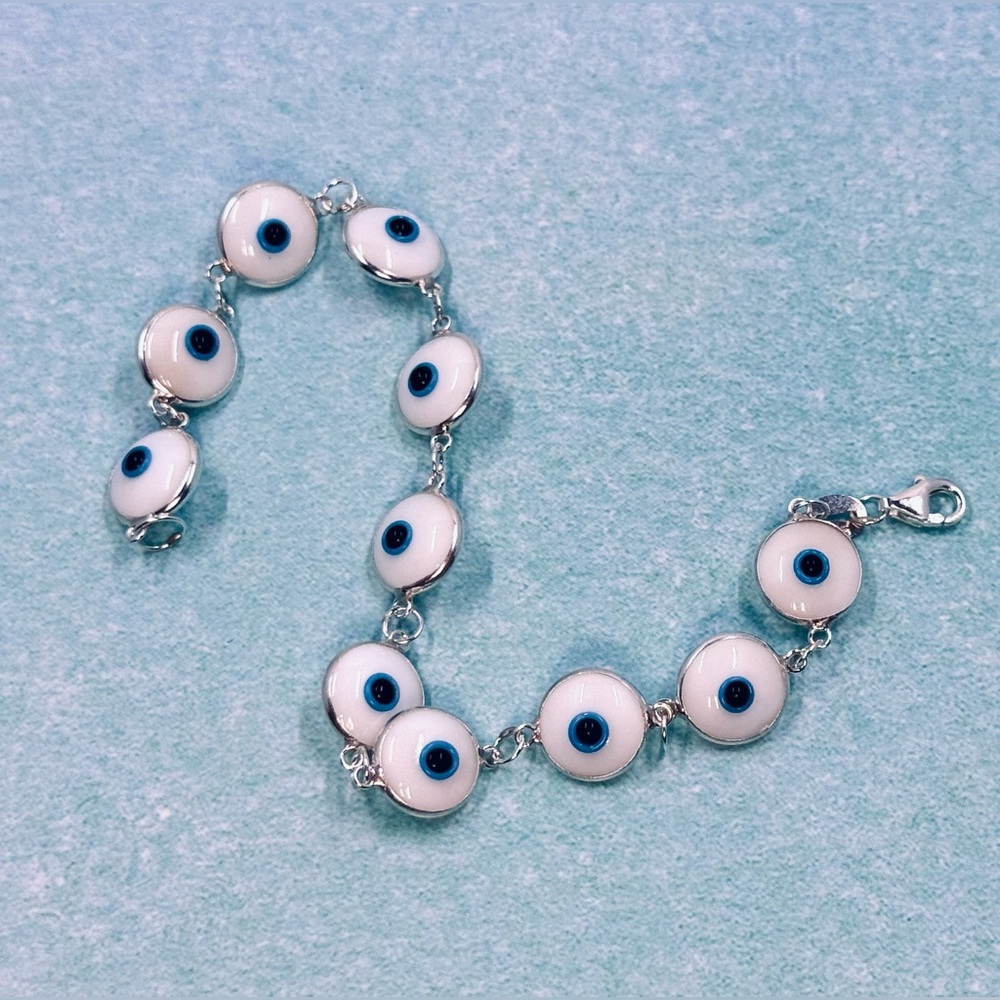 .925 Sterling Silver White & Blue Enamel Evil Eye Bracelet 7” NWOT